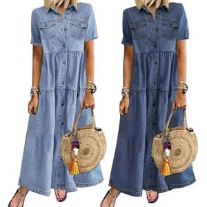 Повседневные платья Женские платья дамы летняя мода Ретро Женщины с коротким рукавом выключить кнопки для воротничков длинные джинсовые джинсы G230322