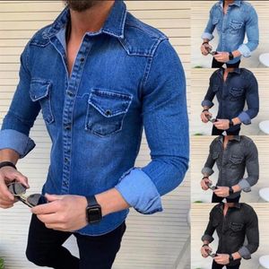 Men's Casual Shirts Spring Autumn Mens Jeans Shirt Long Sleeve Denim Shirts for Men Soft Cotton Two Pockets Slim Elastic Denim Shirts chemise homme 230322