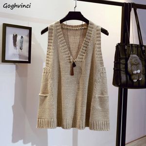 Women's Vests Sweater Vest Women Solid Simple Pocket V-neck Autumn Winter Outwear Warm Casual Loose Elegant Young Womens Korean Style Chic Ins 230322