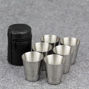 Cups Saucers 4pcs 6pcs 30ml Outdoor Camping Tableware Travel Set Picnic Supplies Stainless Steel Wine Beer Cup Whiskey Mugs With PU Case