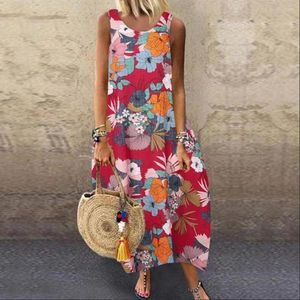 Casual Dresses Summer Women Dress Elegant Floral Print Round Neck Vintage Ankle-Length Plus Size Large Hem Beach Party