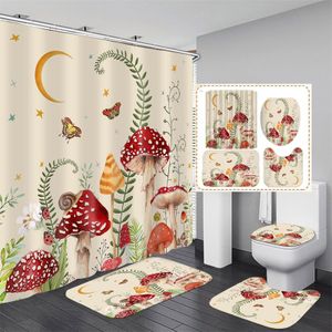 Shower Curtains Mushroom Butterfly Flower Shower Curtain Set Non-Slip Rugs Toilet Lid Cover Bath Mat Moon Stars Waterproof Retro Bathroom Set 230322