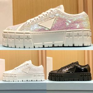 Designer casual shoes Double Wheel Sequin Sneaker height 5CM womens shoe white black pearl pink luxury sneakers fashion low outdoor women trainers US 4-10