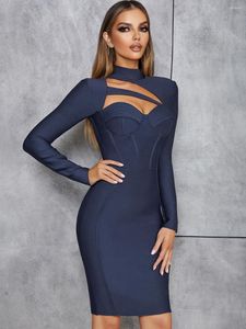 Повседневные платья 2023 темно -синий цвет сексуальное покое из Rayon Bangage Платье изящное женщина упаковывает бедра Bodycon Вечерняя вечеринка Вестидо