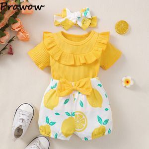 Kläder sätter Prowow 3-24m Baby Outfits For Girls Toddler Kläder Ruffles Collar Ribbed TopBowknot Lemon Pants Born Girl Clothes Set 230322