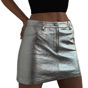 Kjolar metalliska silver pu mini aline stretchy bodycon kort kjol för festival rave fest klubbkläder mode casual wear 230322