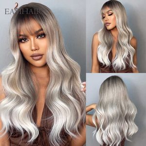 Syntetiska peruker Easihair Long Wavy Brown Grey Ombre Syntetiska peruker med Bangs Women's Platinum Heat Resistant Cosplay Wig 230227