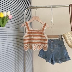 Kleidung Sets Mädchen Koreanische Hohl Häkeln Stricken Hemd Top Sommer Süße Urlaub Stil Weste Jeans Kinder Kleidung Kleinkind T-shirt Denim Shorts 230322