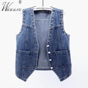 Coletes femininos rebites da moda jeans gole de streetwear feminino V Neck colet Summer Summer Tamanho grande jeans Jeans Tops Pocketlesslessless Jaqueta 230322