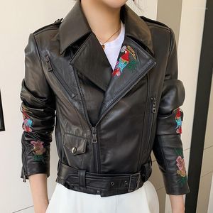 Women's Leather Slim Cropped Sheepskin Coat Women Personality Embroidery Genuine Motorcycle Biker Jacket Female Streetwear Clothing
