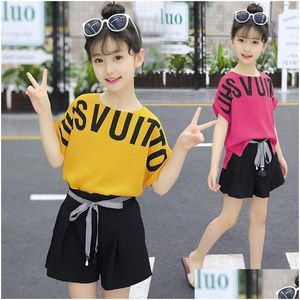 Clothing Sets Summer Children For Girls Fashion Letter Tshirts Shorts 2Pcs Teen Kid Clothes Suit Costume 6 8 10 12 Years Drop Delive Dhhlf