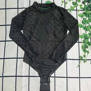 Macacão de renda preta designer biquíni fashion manga longa macacão sexy malha vazada cintura alta para mulheres