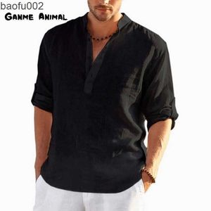 Camisetas masculinas novas de linho de linho de manga longa cor sólida cor solda casual camiseta grande algodão camisetas de tamanho masculino w0322