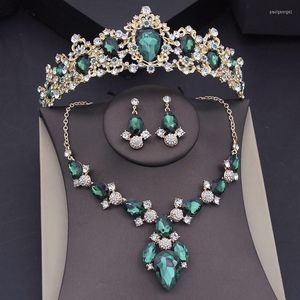 Necklace Earrings Set Green Crown For Women Bridal Choker Wedding Dress Bride Tiaras Costume Accessories