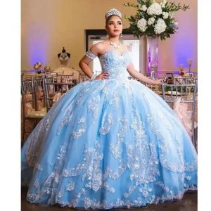 スカイブルーベスティドスDE 15アノスレースアップリケチュールボールガウンフォーマルパーティードレスガールQuinceanera DressesカスタムメイドBC4781