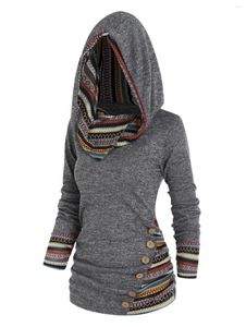 女性用セータードレスフォ冬の幾何学的なストライプニットウェアフード付きニットトップロングスリーブモックボタンニット女性2023