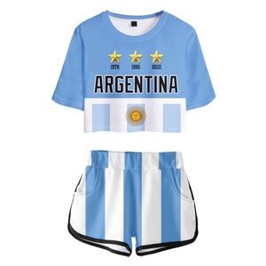 Kadınlar İki Parçalı Pantolon Argentin Arg Futbol Şampiyonu Futbol 3D Baskı Seti Kadın Seksi Şort Tshirt Klasik Dew Göbek Spor Kız Takımları 230322