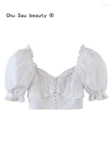 女性用ブラウス2023夏のヴィンテージかわいい白い正方形のネックエッジパフスリーブショートシャツ女性ブラウストップシック