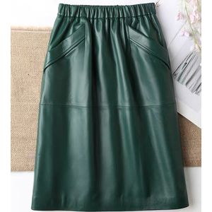 Kjolar läder kjol kvinnor med fickor midi kjolar kvinnor äkta svart och grönt fårskinn läder blyerts kjol hög midja 230322