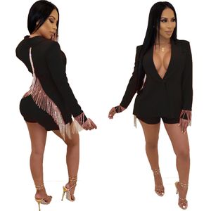 Women's Two Piece Pants Spring Backless Deep V Split Tassel Set Shorts Suit 230322