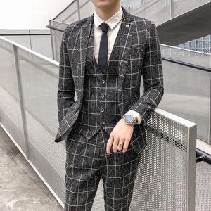 Ternos masculinos Blazers Jaqueta Cola Pants Menina Boutique de Moda Masculino Terno Formal de Negócios Slim Casamento Plaid Mens Suno bege cinza preto azul 230322