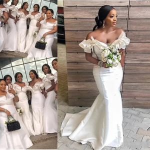 South African Mermaid Bridesmaid Dresses Long Off Shoulder Ruffles Maid Of Honor Gowns Satin Cap Sleeves Plus Size Wedding Guest Dress Bc15530