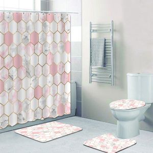 Cortinas de chuveiro Rosa -dourado rosa e cinza Cortina de chuveiro de mármore Conjunto para cortinas de banheiro geométricas tapetes de banheira hexagon hapsa cortina de ducha 230322