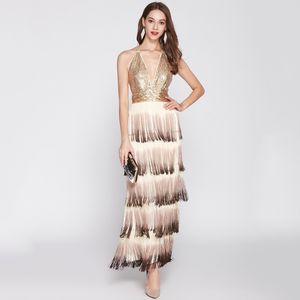 Partykleider Sommerkleid Tiefer V-Pailletten Rückenfrei Farbverlauf Quaste Sexy Langes Abendkleid Jährliches Ballpartykleid 230322