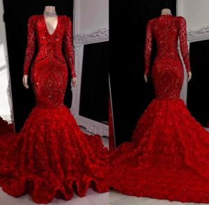 Burgundy Lace Sequin Mermaid Prom Dresses Black Girls V Neck Long Sleeves Sweep Train Formal Evening Gowns Real Image Custom Made BC15403