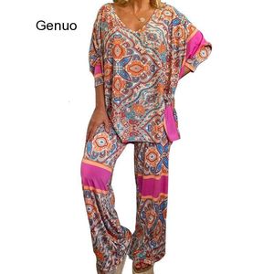 Women's Two Piece Pants Ethnic Boho Floral Print 2 Pieces Suits Sets Summer Gypsy Ladies Top and Home Female Fashion 230322