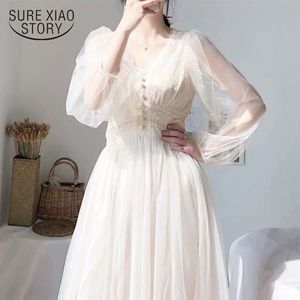 Sukienki zwykłe sukienki kobiety wiosenne ślub sukienki midi eleganckie A-line vestidos solidne puff rękawy w dekolcie damskie sukienki z koronki siatka 8126 50 230322