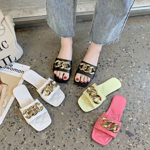 Slippers Summer Slipper Women Metal Chain Design Fashion Shoes Open Toe Flat Solid Color Outdoor Punk Slides Plus Size