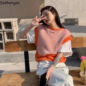 Women's Vests Panelled Sweater Vests Women Autumn Warm Loose O-neck Sleeveless Knitted Jumpers Teen Girls Chic Vintage Sweet Daily High Street 230322