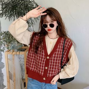 Kamizelki kamizelki kamizelki SWEATE KOBIETA Vintage Burgundia Plaid Soft Casual Korean Trenie Lame Bless Bez rękawów Chicka codziennie preppy żeńskie swetry 230322