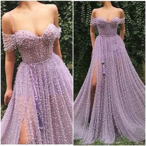 Lilac Pearl Evening Dresses Off the Shoulder Prom Dress Tulle Party Wearing Side Split Lace-Up Back