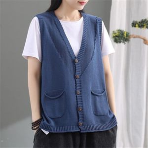 Women's Vests Sweater Vest Women Spring Autumn Vintage V-neck Oversize Knit Pocket Single Breasted Sleeveless Loose Korean Style All-match 230322