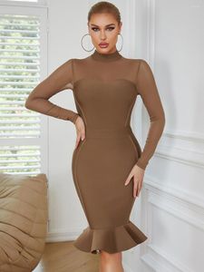 Vestidos casuais 2023 Autumn Elegant Woman Khaki Flounced Bodycon Dress Ranyon Bandage Evening Celebre o Party Vestidos Club outfi