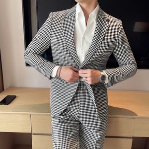 Abiti da uomo Blazer Moda Pied de poule Affari Formali Abiti casual Uomo 2 pezzi Abiti Blazer Pantaloni Abiti da sposa Sposo Party Prom Costume Homme 230322