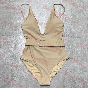 Designer-Khaki-Badeanzug mit Buchstaben-Abzeichen-Gürtel, tiefem V-Ausschnitt, Damen-Badeanzug, Sling-Bikini, zwei Farben