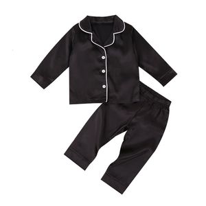 Pyjamas baby pojke svart satin siden pyjama sätter sömnkläder långärmad toppbyxor 17y småbarn barn barn sommar höst casual natthirt 230322