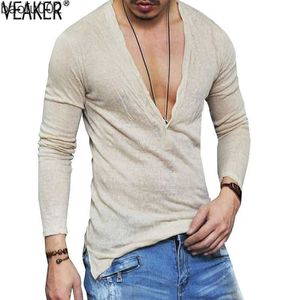 T-shirt da uomo 2021 T-shirt da uomo in lino autunno T-shirt da uomo sexy con scollo a V profondo T-shirt slim fit casual T-shirt in lino a maniche lunghe bianche Top S-2XL W0322