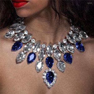 Kedjor Fashion Multi Layer Blue Large Crystal Pendant Necklace Ladies Party Ball Shining Rhinestone Gem CollarBone Chain Jewelry