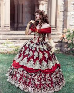 Wedding Dress Other Dresses Gothic Red And Black A Line Gowns With Gold Lace Appliques Off Shoulder Tired Train Plus Size Bridal Party