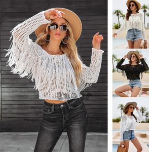 Women's T Shirts Solid Color Hollow Out Sweaters Women 2023 Summer O-neck Tassel Tees Knitted Pullovers Holiday Beachwear Bikini