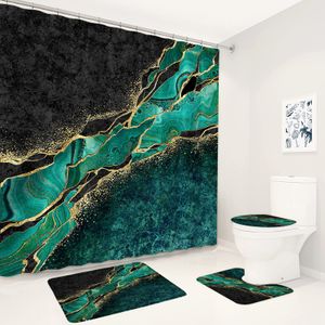 Shower Curtains Emerald Green Marble Shower Curtain Set Luxury Gold Crack Black Texture Print Bathroom Decor Non-Slip Rugs Toilet Cover Bath Mat 230322