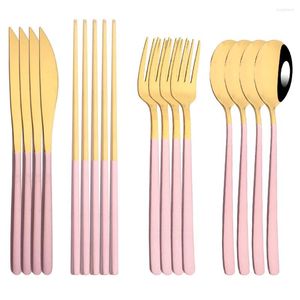 Dinnerware Sets 4set Pink Gold Gold Portable Travel Luxury Conjunto de talheres de pauzinhos Fork Spoon 304 Aço inoxidável coreano