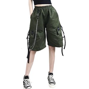 Women s Shorts Summer Women Cargo Female Loose Straight Casual Short Pants Fashion Elastic Waist Handsome Chain Knee Length 230322