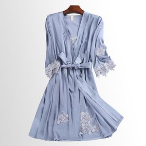 Kadın pijama büyüleyici saten bornoz seti 2pcs mini v yaka bel bandı kimono elbisesi femme yaz gündelik ince sahte ipek uzun kollu bornoz