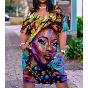 Casual Dresses Art Painting Women Fashion Bohemian Beach Dress Midi Party Evening V-Neck Short Sleeve African Girl Summer
