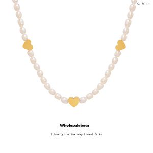 Stainless Steel gold heart freshwater pearl beaded bears pendants Necklace earring bracelet Jewelry set gift for women